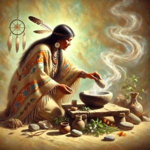 Könnte beinhalten: Künstlerische Darstellung einer amerikanischen Ureinwohnerin in traditioneller Kleidung, die sich an einem Holztisch kniet. Sie hält einen Stein, aus einer Schüssel steigt Rauch auf. Ein Traumfänger hängt im Hintergrund, mit verschiedenen Töpferwaren und Steinen verstreut.