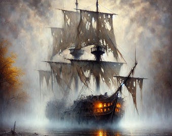 Ghost Pirate Ship Digital Painting: Spooky Halloween Wall Art (Digital Download)