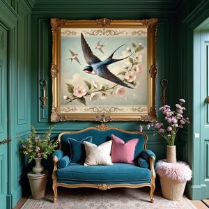 Pu&ograve; includere: Un dipinto con cornice dorata raffigurante rondini in volo, su uno sfondo di cielo azzurro chiaro con accenti floreali. Sotto, un divano in velluto turchese con cuscini decorativi e cornice dorata. La stanza &egrave; dipinta in tonalit&agrave; turchese e verde.