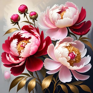 Puede incluir: Un ramo de peonías rosas y rojas con hojas doradas. Las flores están en plena floración y tienen un aspecto delicado y femenino.