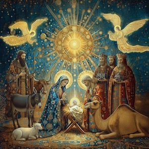 Puede incluir: Ilustración detallada de la Natividad. María y José arrodillados junto al niño Jesús en un pesebre. La escena incluye los tres reyes magos, ángeles y animales, sobre un fondo estrellado y dorado.