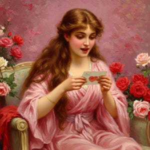 Arte de pared con carta de amor victoriana Impresión digital romántica para el día de San Valentín Regalo con escena de San Valentín vintage Regalo para ella Pintura con descarga digital