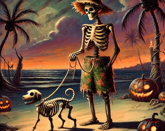 Estampado veraniego de perro esqueleto en la playa: Divertido Halloween costero (Descarga digital)