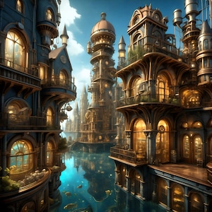 Steampunk Atlantis geïnspireerde stad digitale print, ingewikkelde architectuur kunst aan de muur, grillig fantasy-decor, nautisch steampunk cadeau-idee