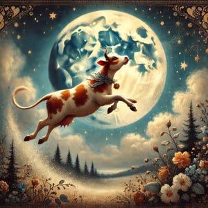 Victorian Cow Jumping Over the Moon Digital Print Whimsical Nursery Rhyme Wall Decor Vintage Nostalgic Nursery Baby Shower Wall Art Gift