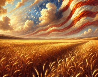 アメリカ国旗と小麦畑の夕焼けプリント：愛国的な農家風インテリア