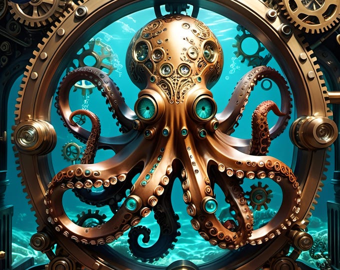 Octopus Steamroller Steampunk Octopus Print: Mechanical Sea Creature, Fantasy Ocean Art ...