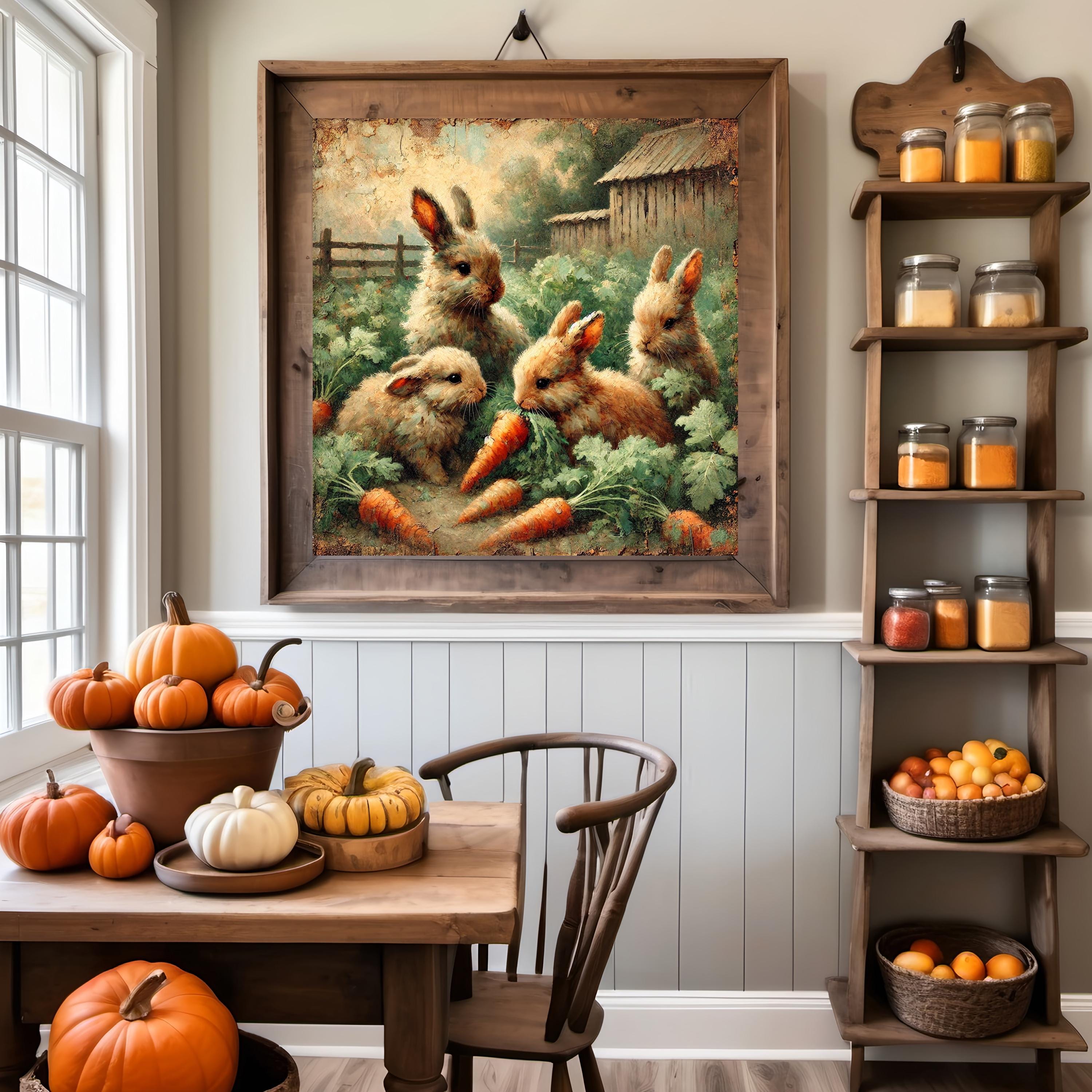 Farmhouse Bunnies in Carrot Patch: Rustic Spring Wall Art (digital