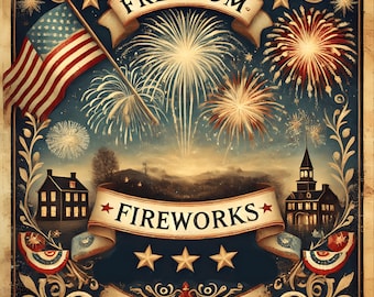 Freedom and Fireworks 4th of July Digital Art Print Patriotic Vintage Americana (Instant Download)
