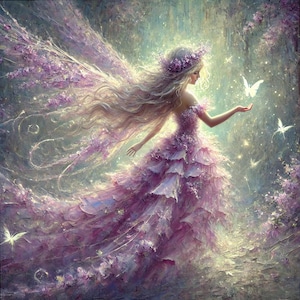 May include: A digital painting of a fairy in a flowing, layered pink dress with floral accents. The fairy has long, flowing blonde hair and a floral crown. White butterflies flutter around her, and the background is a soft, ethereal landscape.
