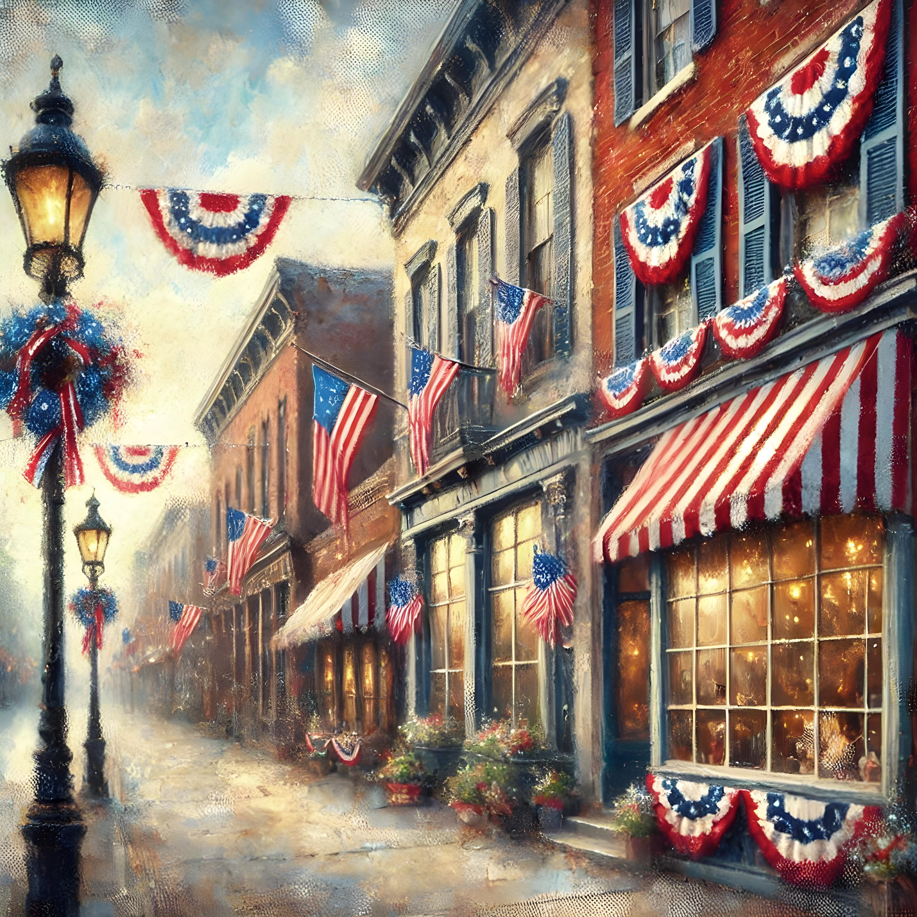 Patriotic Vintage Town Street Scene Digital Wall Art Americana Decor