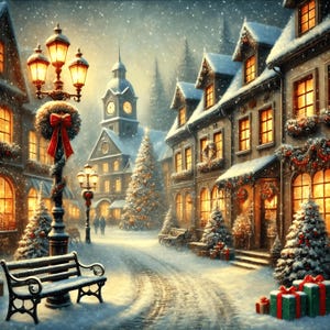 Enchanting Christmas Village Snowy Scene Digital Print Holiday Town Wall Art Winter Wonderland Download Christmas Gift for Her