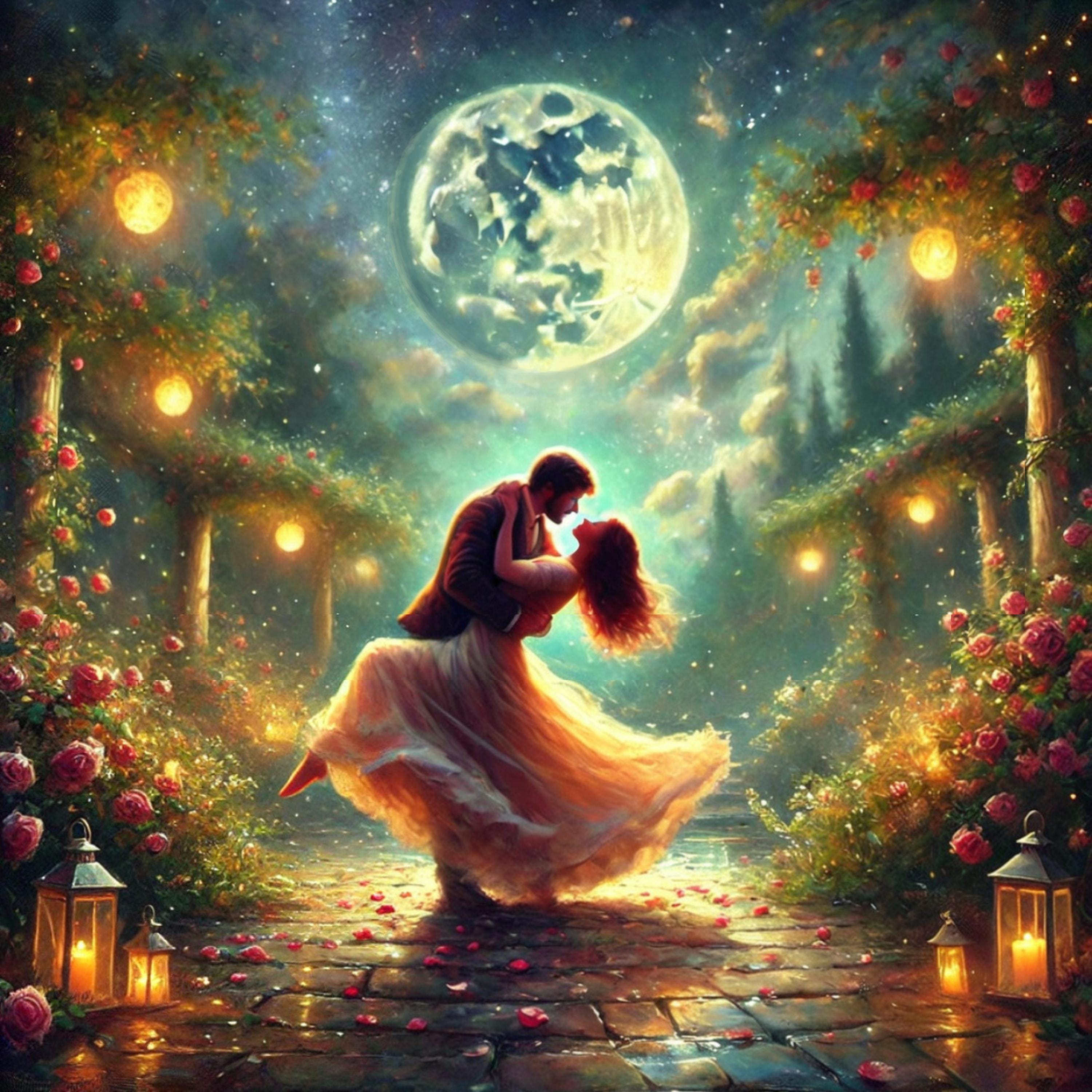 Moonlit Dance Art: Romantic Couple, Roses, Lanterns (digital