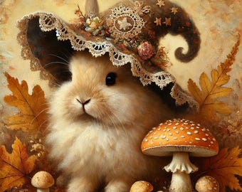 Autumn Witch Bunny Print: Vintage Halloween Rabbit Art (Digital Download)
