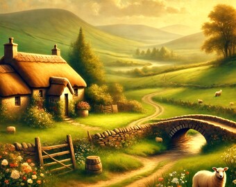 Irish Cottage Landscape Print: Rustic Farmhouse Wall Art (Digital Download)