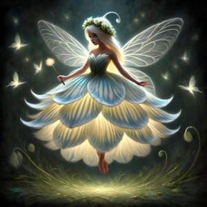 Puede incluir: Ilustración digital de un hada con pelo largo y rubio, una corona de flores y grandes alas brillantes. Lleva un vestido hecho de pétalos de flores blancos y azules y sostiene una varita mágica brillante. Mariposas y luces brillantes la rodean en un entorno de bosque oscuro y mágico.