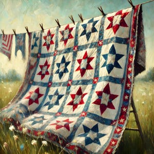 Patriotic Quilt on Clothesline: Americana Decor Print (Digital Download 4096x4096px)