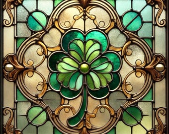 May include: A square stained glass panel featuring a central green shamrock motif surrounded by intricate gold-toned metal scrollwork. The design includes geometric green and clear glass panes with a symmetrical pattern and decorative corner accents.