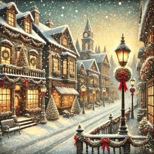 Vintage Christmas Town Wall Art Snow-Covered Winter Village Scene Festive Holiday Decor Artwork Charming Xmas Town Digital Print Gift