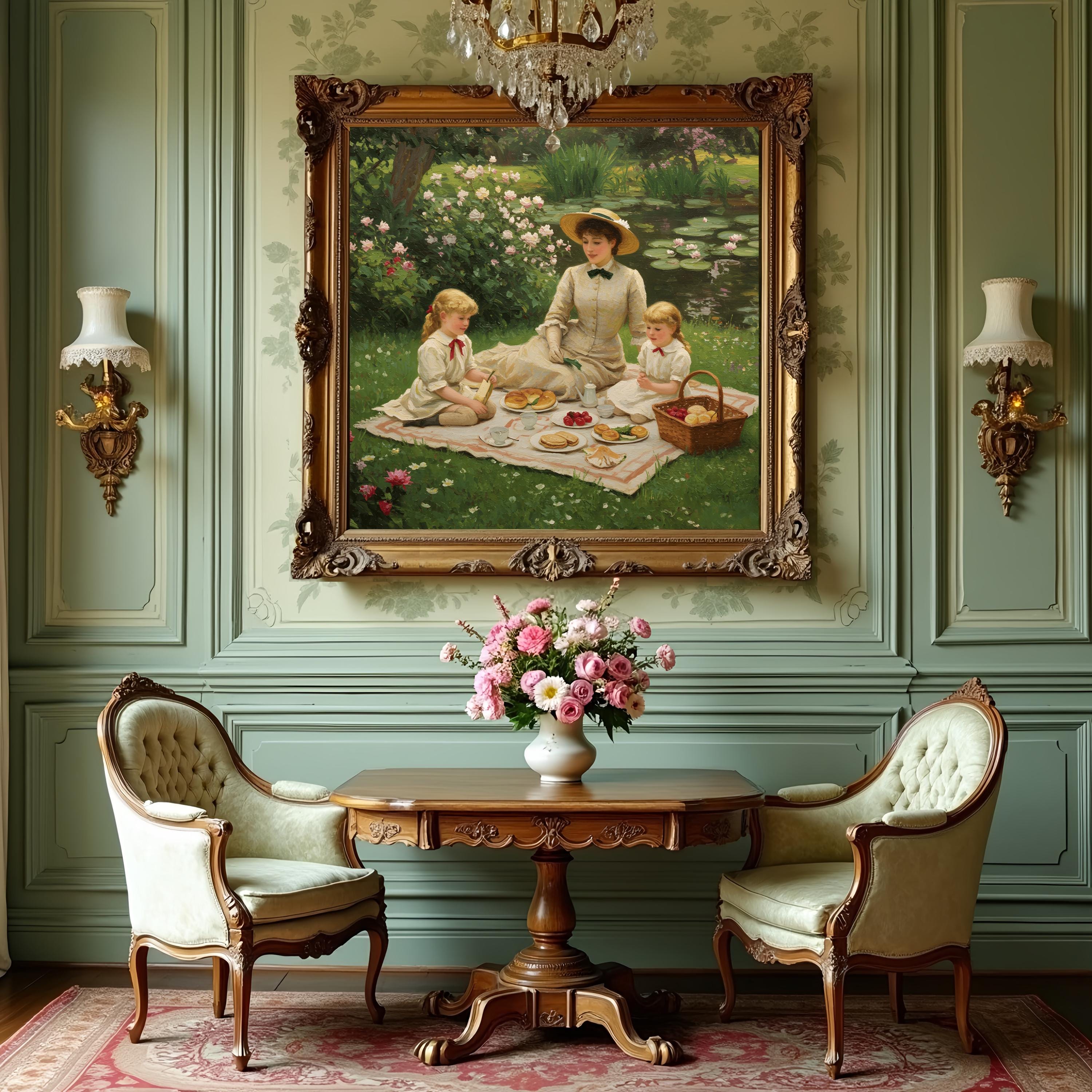 Victorian Family Picnic Painting: Impressionist Garden Scene