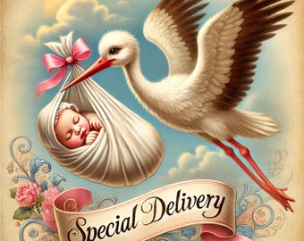 コウノトリに乗った赤ちゃんの水彩画アートプリント：ヴィンテージ妊娠