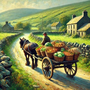 Vintage irische Landschaft Digitaldruck Pferde und Wagen Kunstwerk, rustikale Irland Wand Kunst Bauernmarkt Szene Digital Download Geschenkidee
