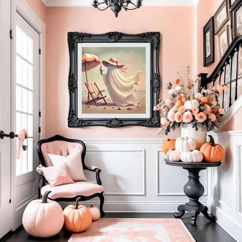 May include: A room decorated in shades of pink with a large framed artwork depicting a ghost on a beach. A black chair, pumpkins, and a table with flowers and pumpkins add to the decor. A rug and staircase are also visible.