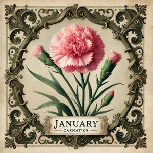 January birth flower carnation print vintage botanical art pink floral wall decor digital download birth month gift ornate printable gift