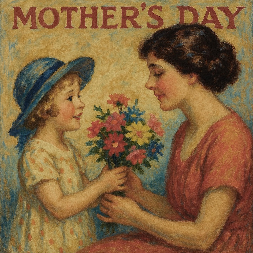 Vintage Mother's Day Art Print: Child Giving Flowers (digital