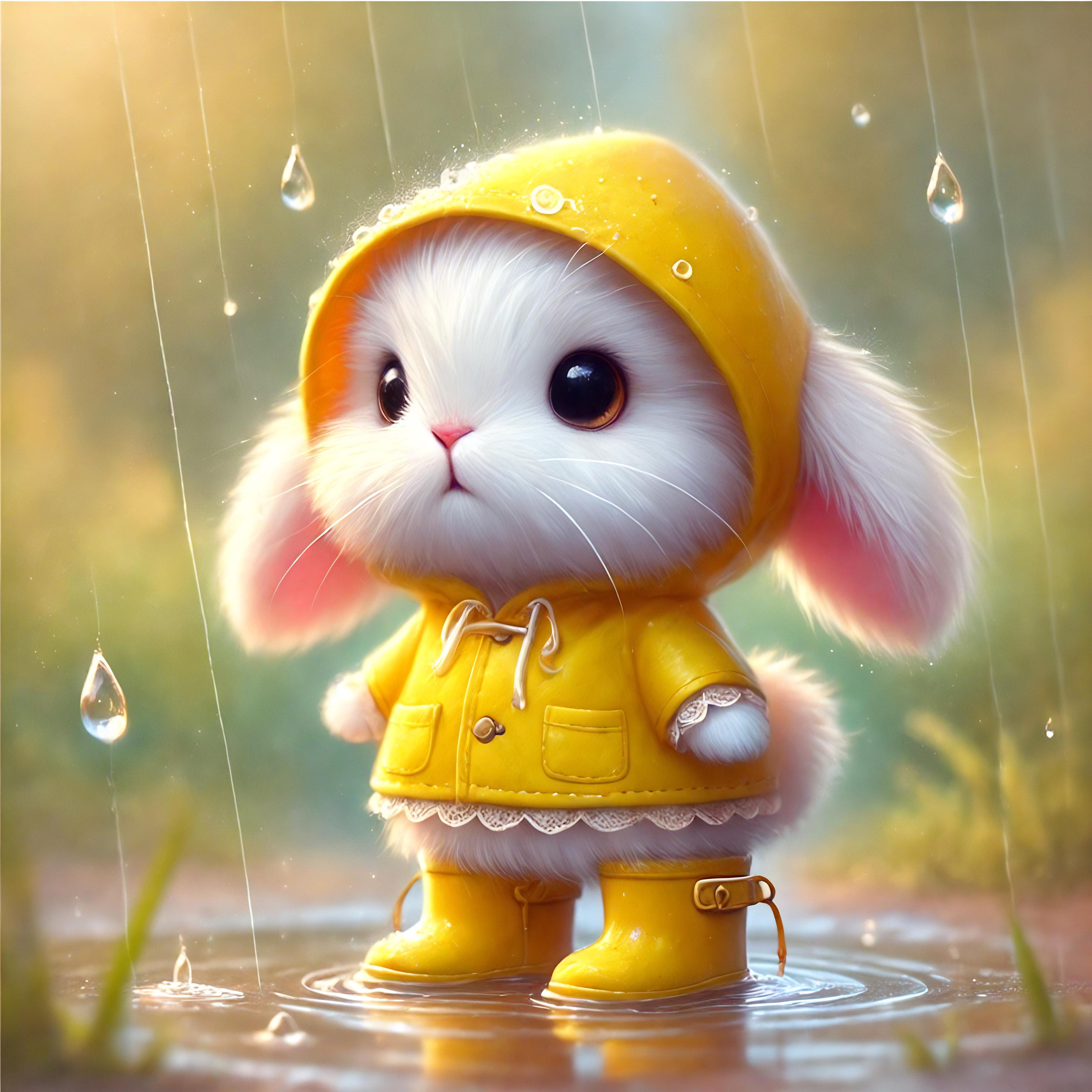 水彩壁絵watercolor“The Chilling Bunny Bunny” Bunny in Yellow Raincoat Art: Whimsical Nursery Print (digital