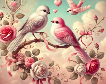 Valentinstag Print: romantisches Rosen Bild mit Turteltaube Herz (Digitaler Download)