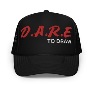DARE to draw truckers hat, unisex hats, retro hats, classic 90s hats,  80s hats, vintage dare hats, fun artist hats, art, artist accessories