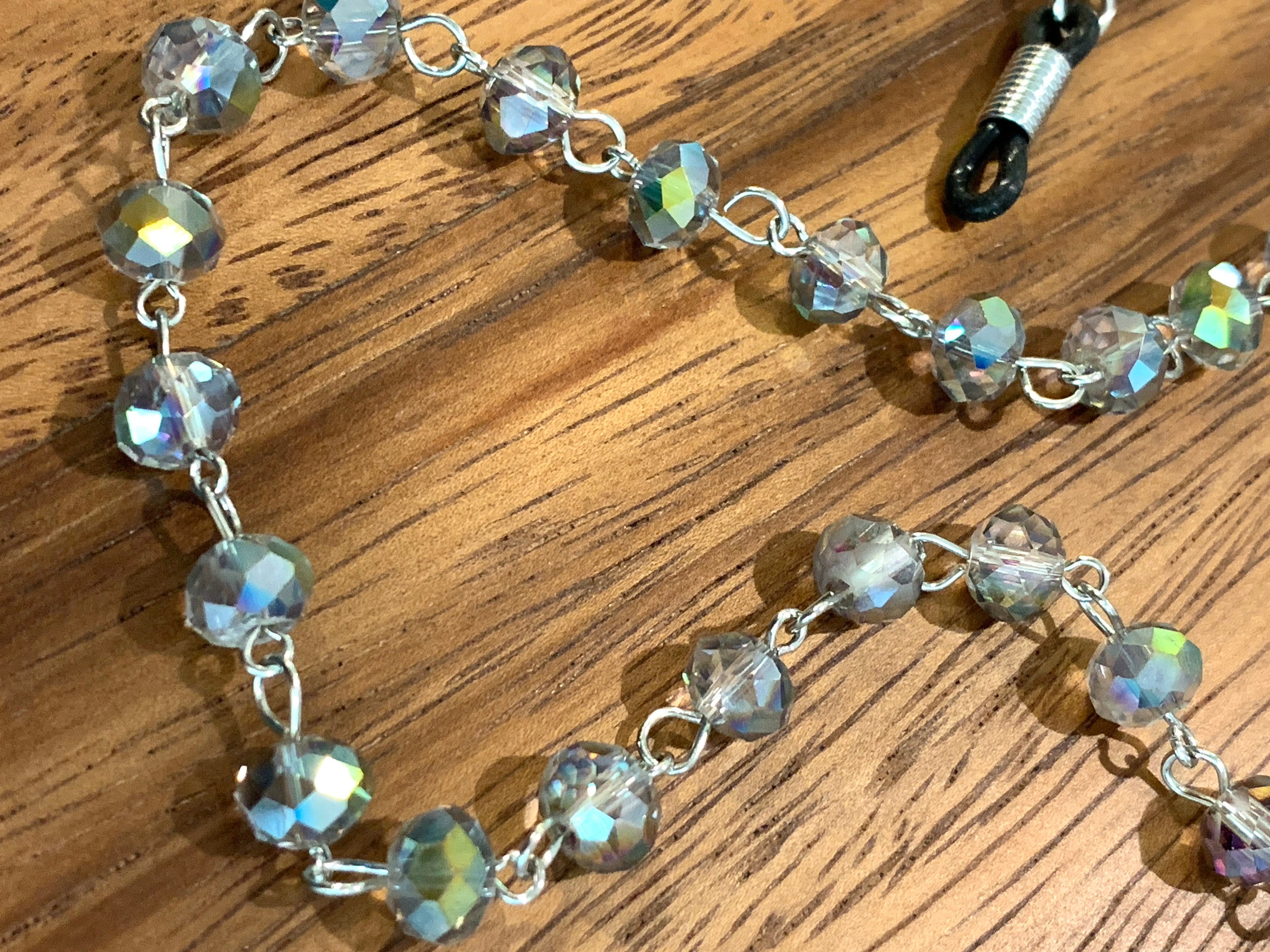 Clear Gray glass Beaded Glasses Chain, Silver Tone Necklace Chain for