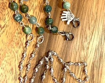 Green Natural Indian Agate Stone Customized Face mask chain holder Natural beads Silver tone Chain for Women Friend Grandmother Gift 30”