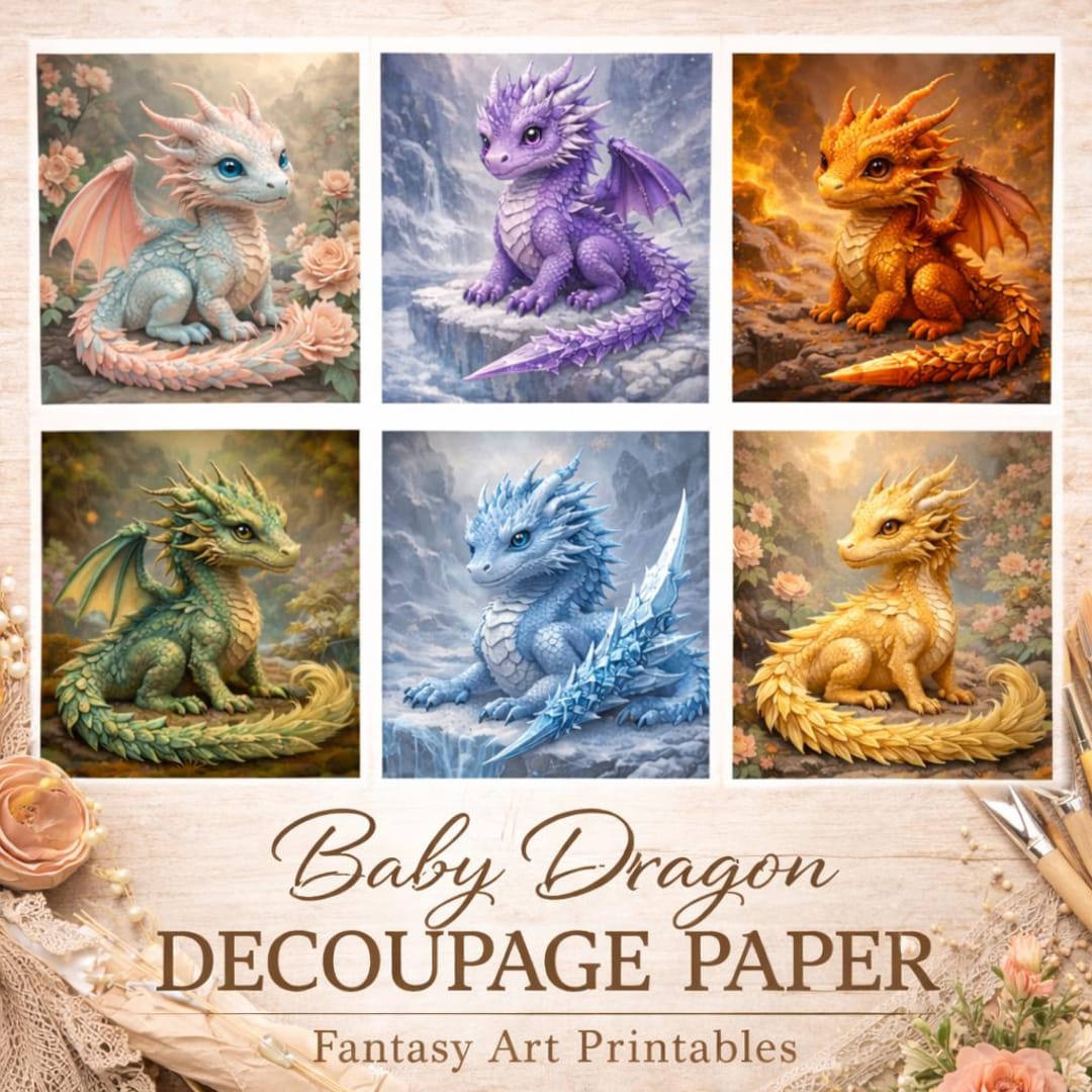 Baby Dragon Decoupage Paper | Fantasy Dragon Art Printable | Whimsical ...