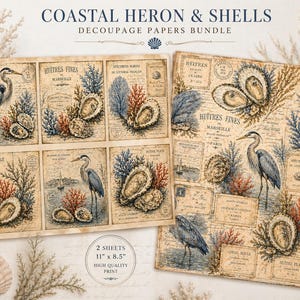 May include: Coastal Heron & Shells decoupage paper bundle. The vintage-style sheets feature illustrations of herons, oysters, and coral in shades of blue, red, and beige. Each sheet measures 11" x 8.5" and is high quality print.