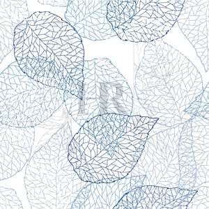 May include: A seamless pattern featuring stylized leaves in shades of blue against a white background. The leaves have intricate vein details, creating a delicate and natural design. The pattern is suitable for various applications.