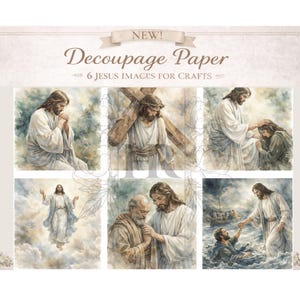 May include: Decoupage paper featuring six watercolor images of Jesus. The images depict Jesus in various scenes, including prayer, carrying a cross, and interacting with others. The images are set against a soft, textured background with floral accents.