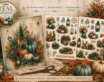 Teal Harvest Decoupage Paper, Vintage Autumn Junk Journal Paper, Teal Pumpkin Fall Craft Paper, Rustic Woodland Collage Paper