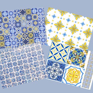 May include: An assortment of patterned papers featuring blue, yellow, and white designs. The patterns include floral, geometric, and tile-inspired motifs. The papers are arranged on a light blue background.