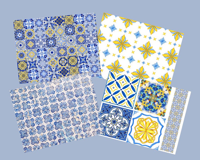 May include: An assortment of patterned papers featuring blue, yellow, and white designs. The patterns include floral, geometric, and tile-inspired motifs. The papers are arranged on a light blue background.