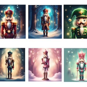 May include: A collection of six digital illustrations of nutcrackers. Each nutcracker is depicted in a different color scheme, including red, green, and pink, with ornate details and regal attire. The backgrounds feature wintery scenes with soft lighting.