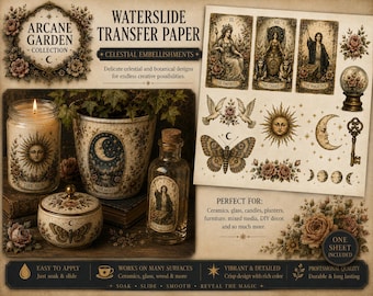 Vintage Tarot Craft Bundle, Arcane Garden Collection, Decoupage Rice Paper, Waterslide Transfer, Sticker Sheet, Tarot Craft Supplies, DIY