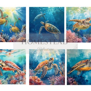May include: Six watercolor paintings of sea turtles swimming in a vibrant underwater scene. The turtles are depicted in shades of green, brown, and orange, with coral reefs in the background. The paintings have a dreamy, artistic quality.