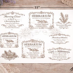 May include: A cream-colored sheet with various vintage-style herbarium labels and botanical illustrations. The sheet measures 11 inches wide and 8.5 inches high. The labels feature text such as "Morning Elixir" and "Herbarium".