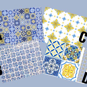 May include: Four patterned designs are displayed, each featuring a different tile pattern. The designs showcase blue, yellow, and white colors. The patterns include floral and geometric motifs, with the letters A, B, C, and D labeling each design.