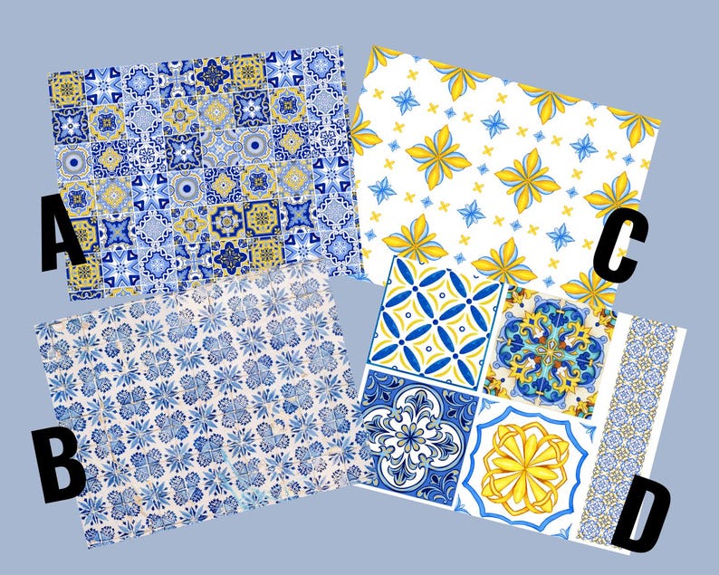 May include: Four patterned designs are displayed, each featuring a different tile pattern. The designs showcase blue, yellow, and white colors. The patterns include floral and geometric motifs, with the letters A, B, C, and D labeling each design.