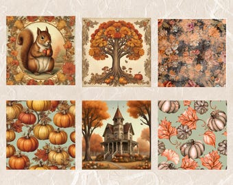 May include: A collection of six square images with an autumn theme. The images feature a squirrel, a tree with pumpkins, floral patterns, pumpkins, a house, and pumpkins with leaves. The color palette includes orange, brown, and green.
