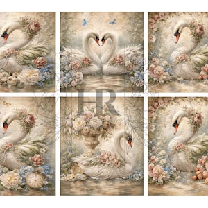 May include: A set of six vintage-style prints featuring elegant swans adorned with floral arrangements. The swans have white feathers, red beaks, and are surrounded by pink, blue, and cream-colored flowers. Butterflies and a clock are also present in some of the prints.