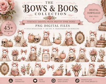 Vintage Ghost PNG Bundle | 45+ Pink Coquette Halloween PNG Clipart | Cute Ghost Digital Download | Shabby Chic Halloween Graphics |Ghost PNG
